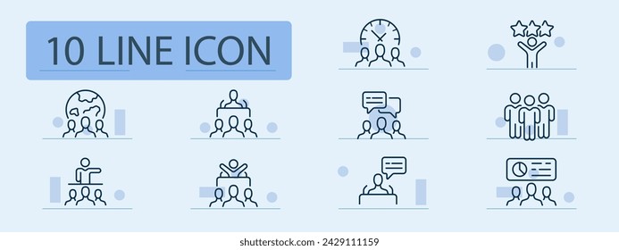 Coaching set line icon. Planet, rating, hours, people, performance, schedule. Pastel color background. Vector line icon for business and advertising