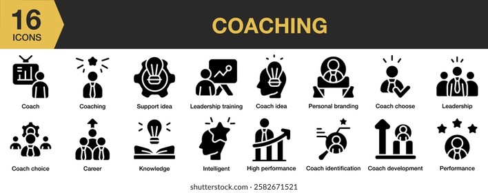 Coaching solid icon set. Includes coach, training, motivation, person, learning, and More. Solid icons vector collection.