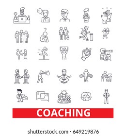 Coaching, sport coach, mentor, coach bus, life coach, training, trainer, whistle line icons. Editable strokes. Flat design vector illustration symbol concept. Linear signs isolated on white background