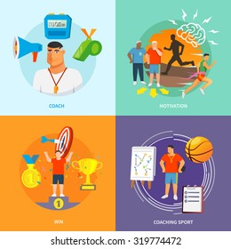 Coaching sport design concept set with motivation flat icons set isolated vector illustration