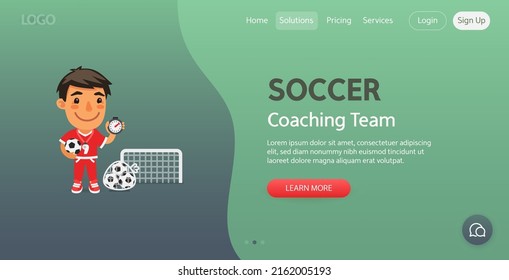 Coaching Team website template. Illustration of a cartoon soccer coach with a ball and a stopwatch on the field in front of the goal. Composition with a professional. Flat male character.