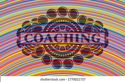 Coaching text inside colorful realistic emblem. Showy handsome background. Artistic illustration. 