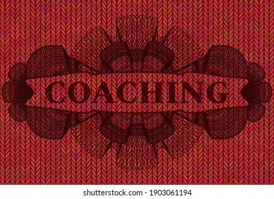 Coaching text inside Linear currency Red color woolen fabric realistic emblem. Cloth classic background. Artistic illustration. 