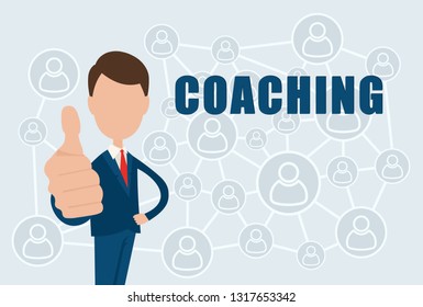Coaching - text on a blue background with social network icons.