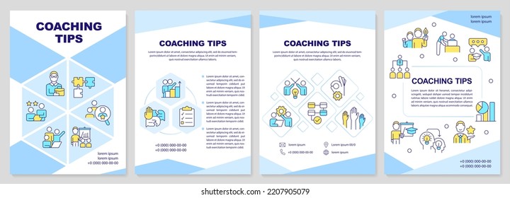 Coaching Tips Blue Brochure Template. Be Role Model To Mentee. Leaflet Design With Linear Icons. Editable 4 Vector Layouts For Presentation, Annual Reports. Arial-Black, Myriad Pro-Regular Fonts Used