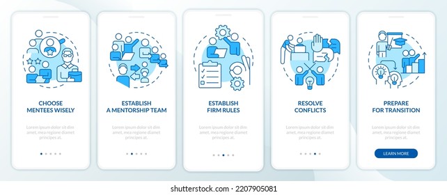 Coaching tips blue onboarding mobile app screen. Resolve conflicts walkthrough 5 steps editable graphic instructions with linear concepts. UI, UX, GUI template. Myriad Pro-Bold, Regular fonts used