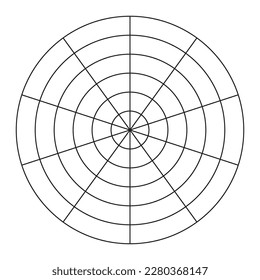 Coaching tool. Polar grid of 10 segments and 5 concentric circles. Circle diagram of lifestyle balance. Wheel of life template. Vector blank polar graph paper. Blank.