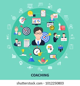 Coaching and training concept with brainstorming and progress symbols flat vector illustration