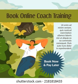 Coaching training online, book now and pay later. Motivation and transformation of life, changing mindset and getting mentor to guide you. Promotional banner, advertisement poster. Vector in flat 
