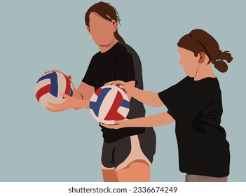 Coaching volleyball. The female volleyball coach is teaching her student how to serve