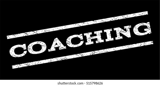 Coaching watermark stamp. Text caption between parallel lines with grunge design style. Rubber seal stamp with scratched texture. Vector white color ink imprint on a black background.