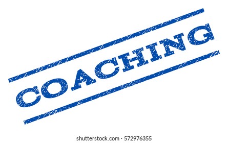 Coaching watermark stamp. Text caption between parallel lines with grunge design style. Rotated rubber seal stamp with dirty texture. Vector blue ink imprint on a white background.