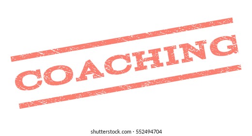 Coaching watermark stamp. Text tag between parallel lines with grunge design style. Rubber seal stamp with dust texture. Vector salmon color ink imprint on a white background.
