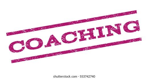 Coaching watermark stamp. Text tag between parallel lines with grunge design style. Rubber seal stamp with unclean texture. Vector purple color ink imprint on a white background.