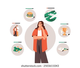 Concepto de rueda de entrenamiento. Mujer joven estima el equilibrio de la vida. La persona piensa en la armonía de categorías: relaciones, finanzas, viajes, estima. Psicología. Ilustración vectorial aislada plana en blanco