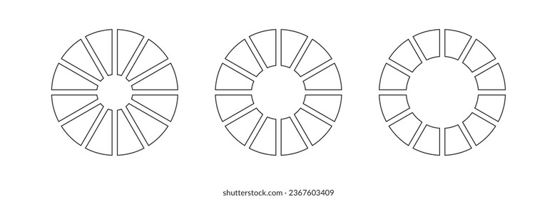 Coaching wheel life blank. Outline donut charts or pies segmented on 12 equal parts. Wheels round divided in twelve sections. Diagrams infographic set. Circle section graph. Pie chart icons. Vector.