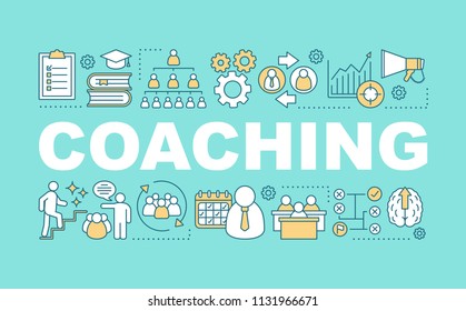 Coaching word concepts banner. Interactive training. Corporate management. Business strategy. Isolated lettering typography idea with linear icons. Vector outline illustration