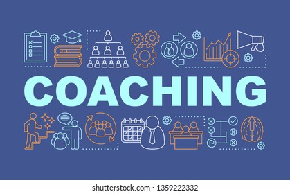 Coaching word concepts banner. Interactive training. Corporate management. Business strategy. Isolated lettering typography idea with linear icons. Vector outline illustration