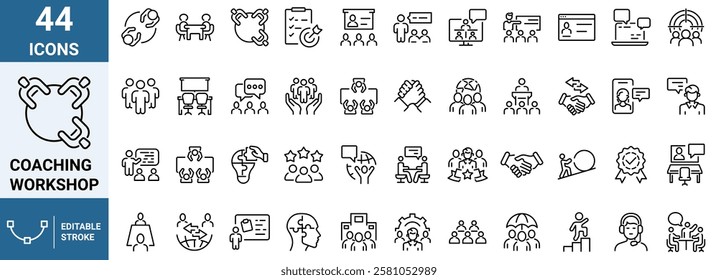 Coaching and workshop web line icon collection. Lesson, training, seminar, teacher icons. Vector illustration