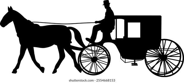 coachman driving carriage with horse silhouette , vector