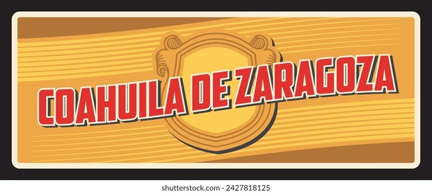 Coahuila de zaragoza Japan prefecture travel plate, retro metal sign. Japanese region retro plate with vintage typography, official symbol, asian travel destination.