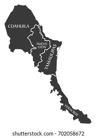 Coahuila - Nuevo Leon - Tamaulipas - Veracruz Map Mexico illustration