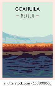 Coahuila retro poster. Coahuila travel illustration. States of Mexico greeting card. 