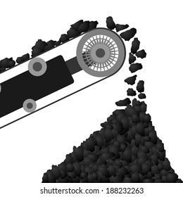 Coal arriving on a conveyor belt and poured into the coal pile. Illustration on white background. svg