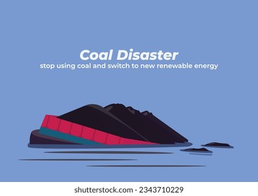 Coal barges sink and cause contaminate to the oceans. Flat style vector illustration. Environmentally  poster.