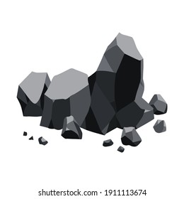 Coal black mineral resources. Pieces of fossil stone. Polygonal shapes. Black rock stones of graphite or charcoal. Energy resource charcoal icon