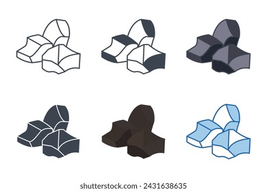 Coal black rocks icons with different styles. Pile of coal. Pile of stones, graphite coal symbol vector illustration isolated on white background svg