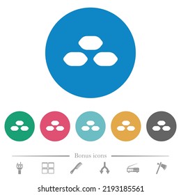 Coal briquettes flat white icons on round color backgrounds. 6 bonus icons included.