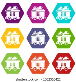 Coal car icons 9 set coloful isolated on white for web