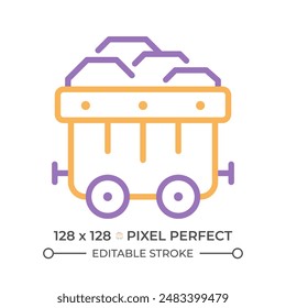 Coal cart two color line icon. Heavy industry equipment. Transportation of stones and minerals. Fossil fuel bicolor outline symbol. Duotone linear pictogram. Isolated illustration. Editable stroke