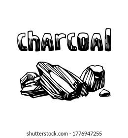 coal, charcoal, firewood for fireplace or barbecue, logo, emblem, decoration, vector illustration with black ink contour lines isolated on a white background in a doodle & hand drawn style