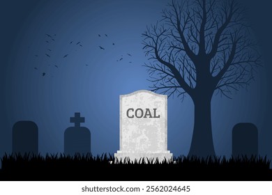 Coal is dead. Grave concept symbolizing fossil fuel decline and coal energy dependence.