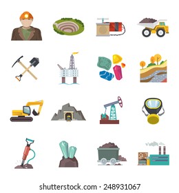 Coal diamond gold mining icons flat set isolated vector illustration