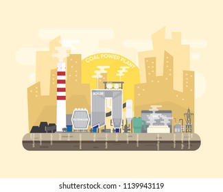 coal energy,  coal power plant with boiler and steam turbine generate the electric supply to the city