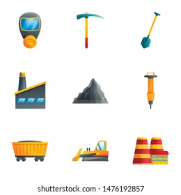Coal extract factory icon set. Cartoon set of 9 coal extract factory vector icons for web design isolated on white background