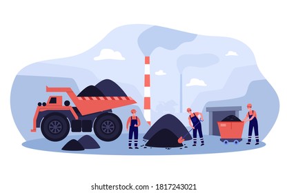 Coal extraction concept. Miners working in quarry, digging heaps of coal near smoking pipes and heavy transport and equipment. Vector illustration for coal production, mining, coalmine topics