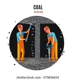 Coal extraction flat template with working miners in uniform holding pick and drill vector illustration