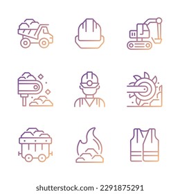 Coal extraction pixel perfect gradient linear vector icons set. Heavy industry machine equipment. Miner protection. Thin line contour symbol designs bundle. Isolated outline illustrations collection