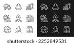 Coal extraction pixel perfect linear icons set for dark, light mode. Heavy industry machine equipment. Miner protection. Thin line symbols for night, day theme. Isolated illustrations. Editable stroke