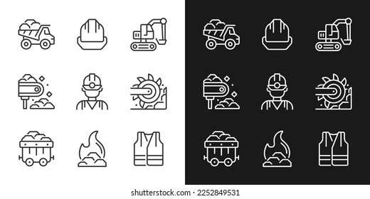 Coal extraction pixel perfect linear icons set for dark, light mode. Heavy industry machine equipment. Miner protection. Thin line symbols for night, day theme. Isolated illustrations. Editable stroke