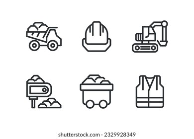 Coal extraction pixel perfect linear icons set