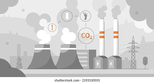 Coal factory building generating electricity for industry. Coal power station or plant environment impact and CO2 emission pollution. Climate change concept. Vector illustration.
