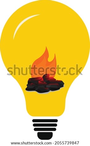 Coal fire in the Light Bulb. India Coal Energy. Yellow bulb with coal fire  
