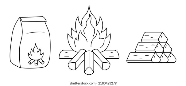 Coal for a fire in a paper bag, a fire and firewood. Sketch. Material for ignition of a brazier. Set of vector illustrations. Coloring book. Isolated background. Doodle style. A hot flame of fire 