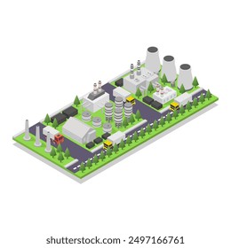 Ilustración isométrica de la planta de energía eléctrica de combustibles fósiles de carbón sobre fondo