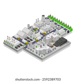 Coal fired fossil fuels electric electricity power plant isometric illustrated in vector